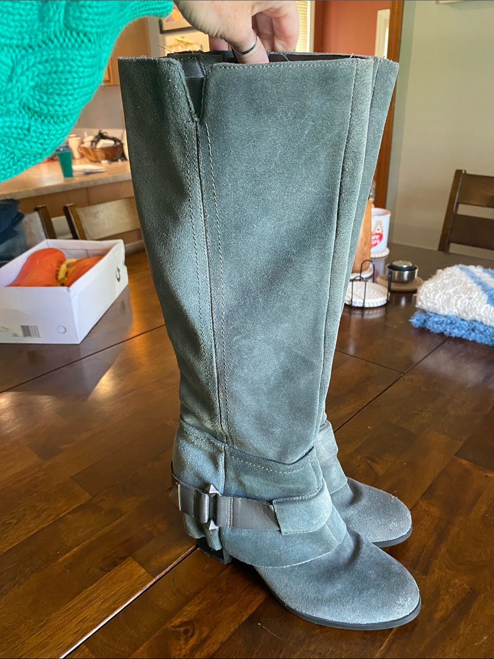 Fergie Tall Gray Moto Boots with Buckle Detail - Picture 3 of 9